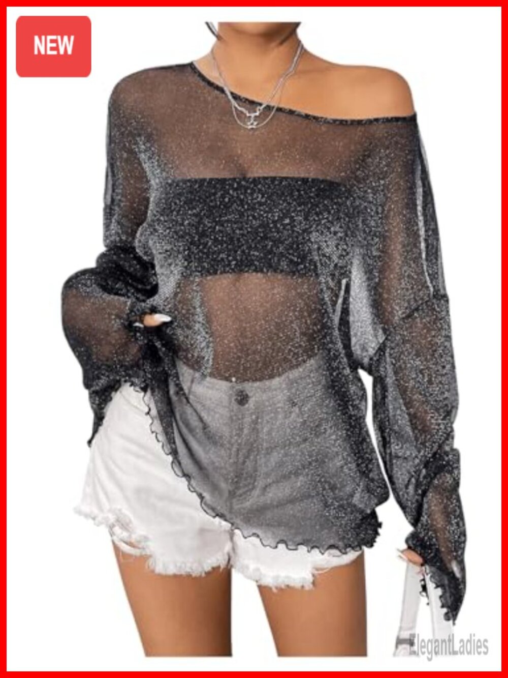 Women's Sequin Off Shoulder Mesh Top Festival Rave Long Sleeve